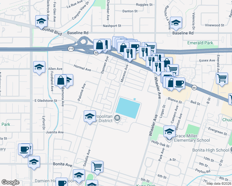 map of restaurants, bars, coffee shops, grocery stores, and more near 3530 Damien Avenue in La Verne