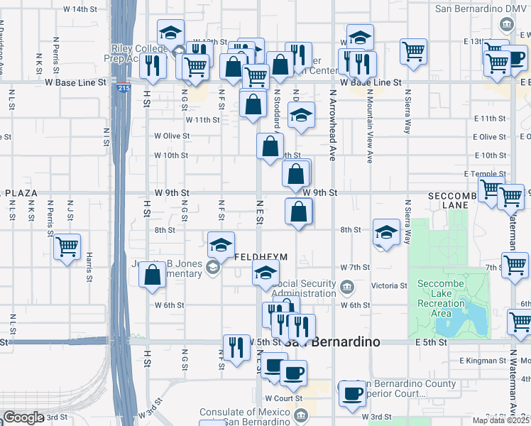 map of restaurants, bars, coffee shops, grocery stores, and more near in San Bernardino