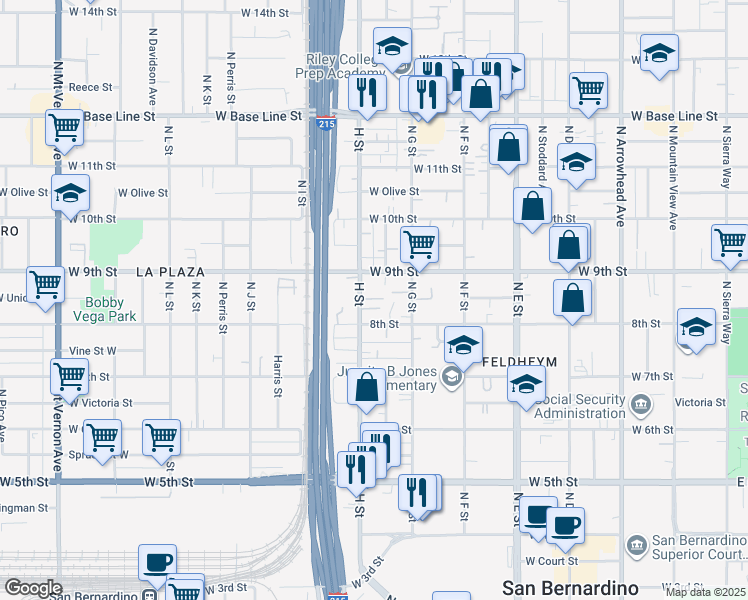 map of restaurants, bars, coffee shops, grocery stores, and more near 772 West 8th Street in San Bernardino