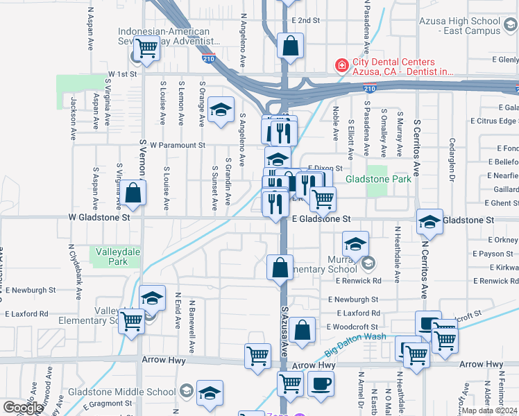 map of restaurants, bars, coffee shops, grocery stores, and more near 195 West Gladstone Street in Azusa