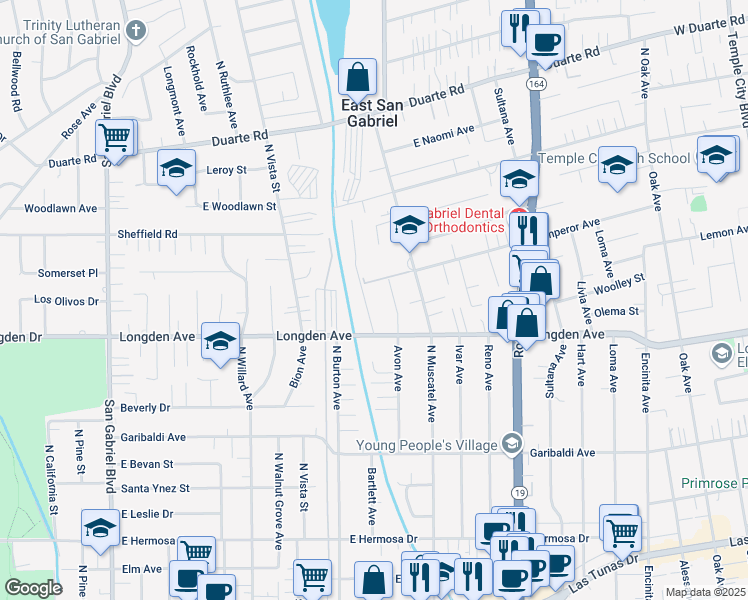 map of restaurants, bars, coffee shops, grocery stores, and more near 6330 Lemon Avenue in San Gabriel