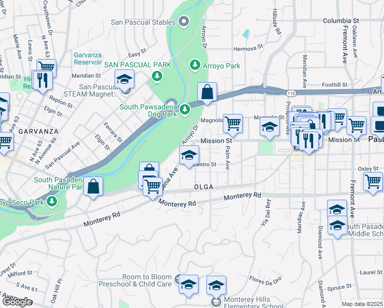 map of restaurants, bars, coffee shops, grocery stores, and more near 341 Pasadena Avenue in South Pasadena