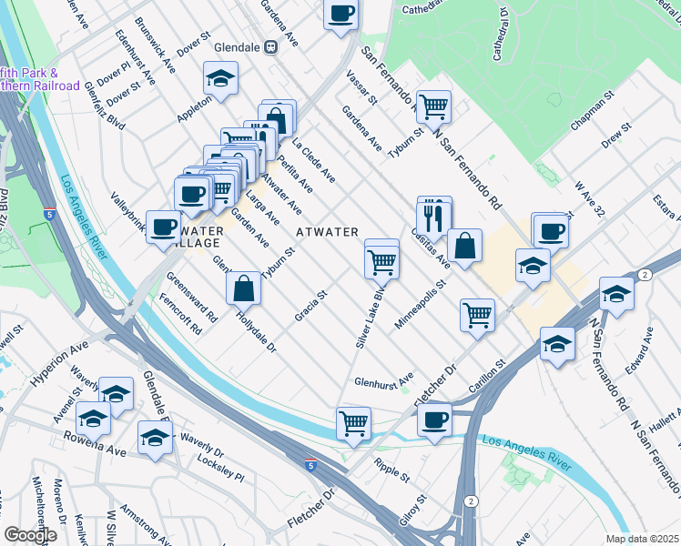 map of restaurants, bars, coffee shops, grocery stores, and more near 3210 Gracia Street in Los Angeles