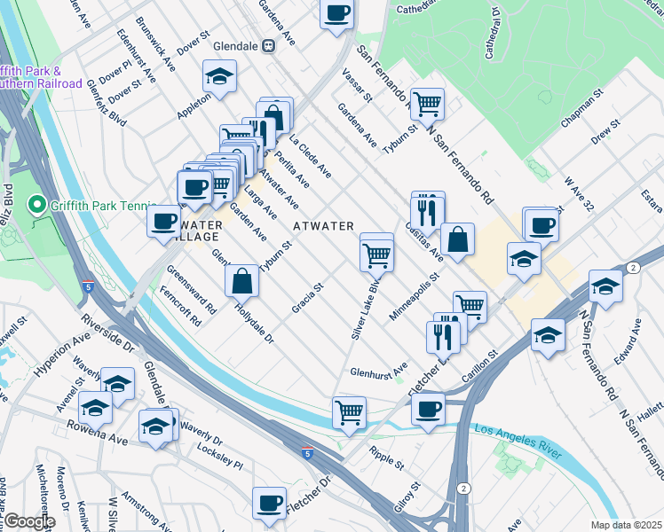 map of restaurants, bars, coffee shops, grocery stores, and more near 3210 Gracia Street in Los Angeles