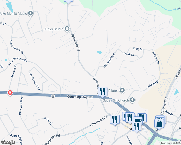map of restaurants, bars, coffee shops, grocery stores, and more near 1156 Olivet Drive in Sugar Hill