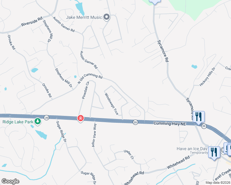 map of restaurants, bars, coffee shops, grocery stores, and more near 5625 Windswept Trace in Sugar Hill