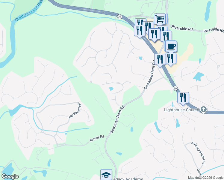 map of restaurants, bars, coffee shops, grocery stores, and more near 216 Ridge Walk Court in Sugar Hill