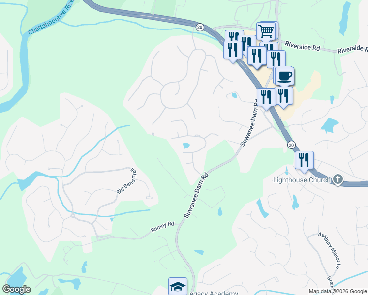 map of restaurants, bars, coffee shops, grocery stores, and more near 206 Ridge Walk Court in Sugar Hill