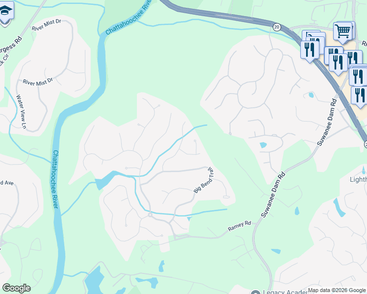 map of restaurants, bars, coffee shops, grocery stores, and more near 336 Westwater Ridge in Sugar Hill