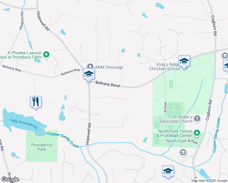 map of restaurants, bars, coffee shops, grocery stores, and more near 2395 Bethany Bend in Alpharetta