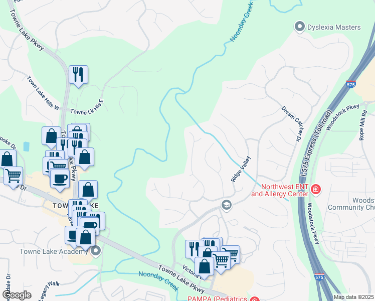 map of restaurants, bars, coffee shops, grocery stores, and more near 7059 Hunters Ridge in Woodstock