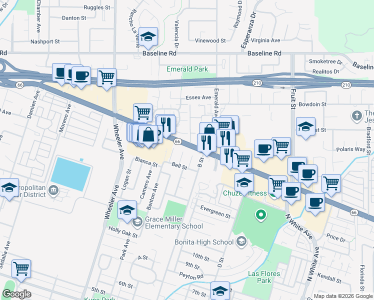 map of restaurants, bars, coffee shops, grocery stores, and more near 3642 Lynn Circle in La Verne