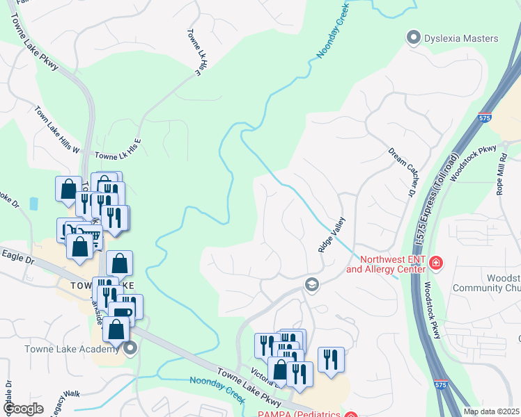 map of restaurants, bars, coffee shops, grocery stores, and more near 7059 Hunters Ridge in Woodstock