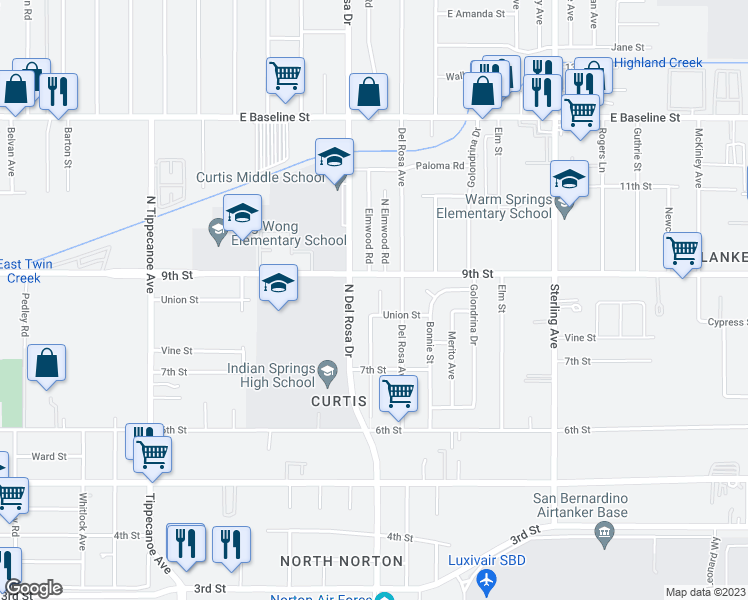 map of restaurants, bars, coffee shops, grocery stores, and more near 7652 Elmwood Court in San Bernardino