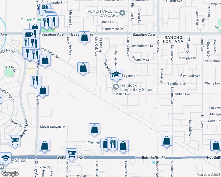 map of restaurants, bars, coffee shops, grocery stores, and more near 7662 Plumaria Drive in Fontana