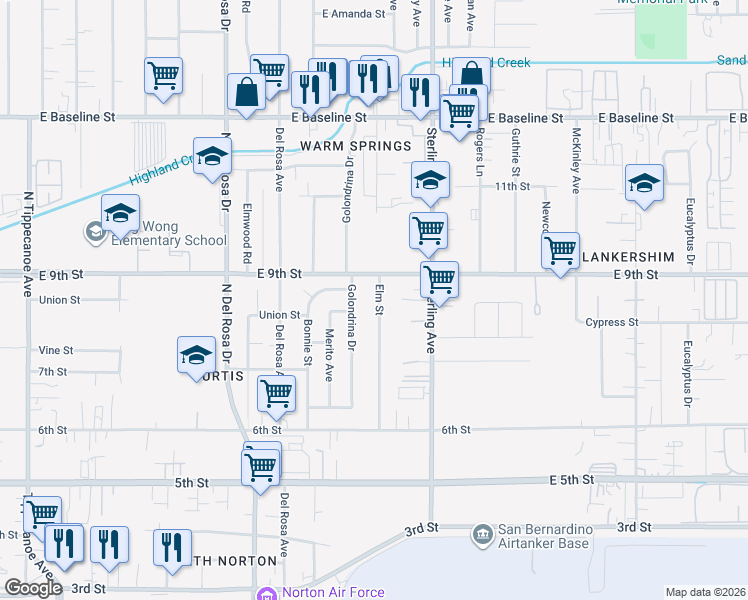 map of restaurants, bars, coffee shops, grocery stores, and more near 7672 Elm Street in San Bernardino