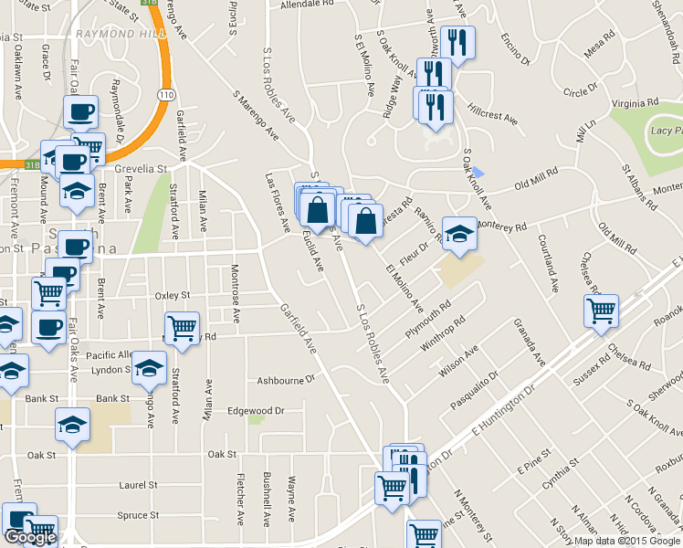 map of restaurants, bars, coffee shops, grocery stores, and more near 1873 South Los Robles Avenue in San Marino
