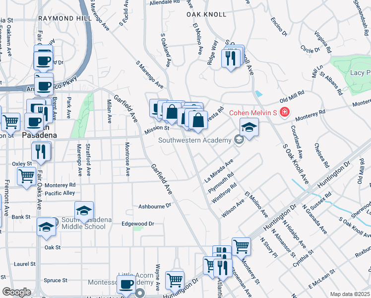 map of restaurants, bars, coffee shops, grocery stores, and more near 1873 South Los Robles Avenue in San Marino
