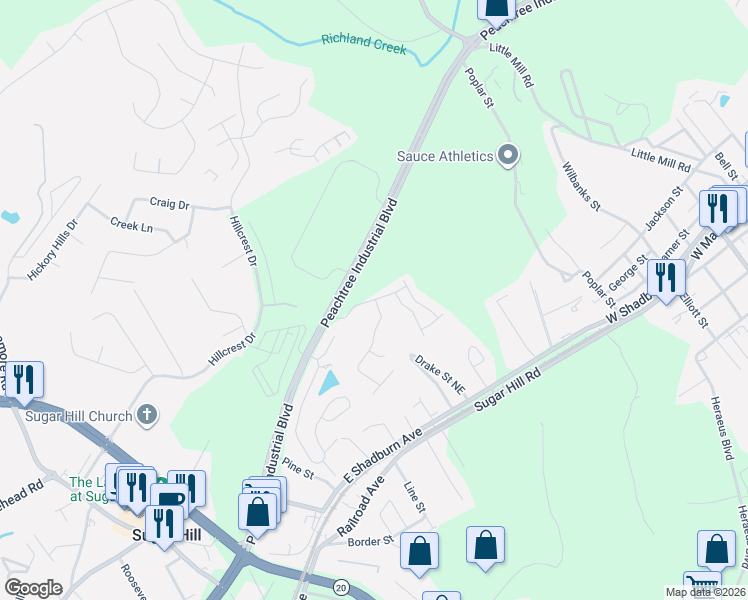 map of restaurants, bars, coffee shops, grocery stores, and more near 5031 Briarcliff Drive in Sugar Hill