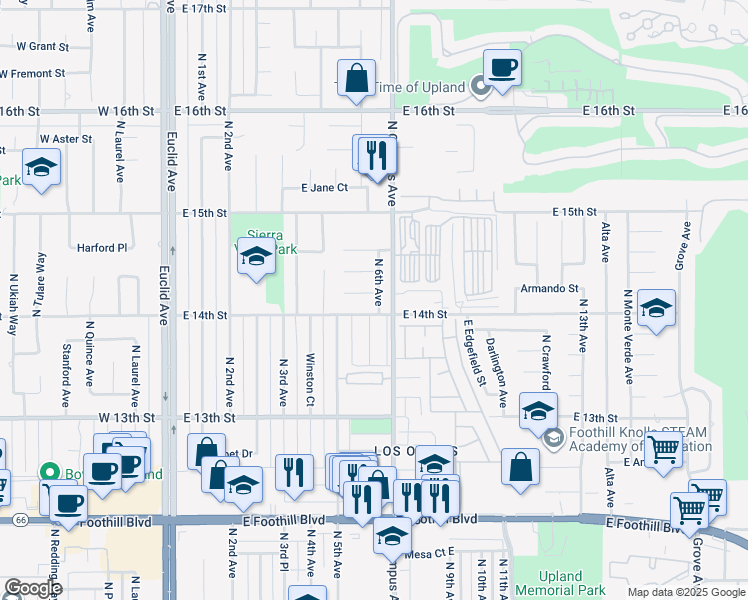map of restaurants, bars, coffee shops, grocery stores, and more near 652 Helena Court in Upland