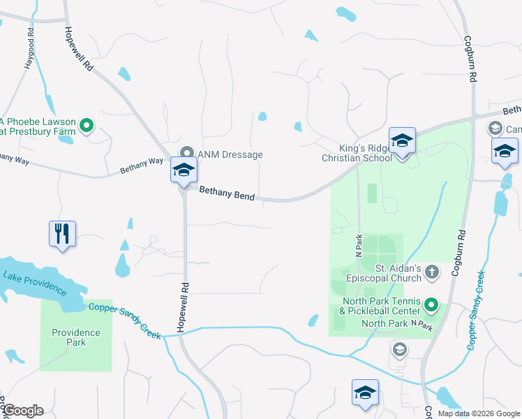 map of restaurants, bars, coffee shops, grocery stores, and more near 2405 Bethany Bend in Alpharetta