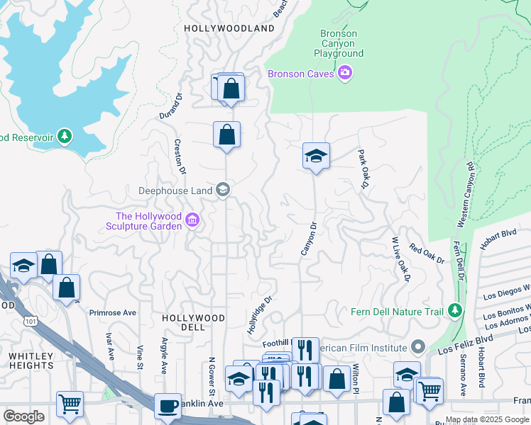 map of restaurants, bars, coffee shops, grocery stores, and more near 2634 Hollyridge Drive in Los Angeles