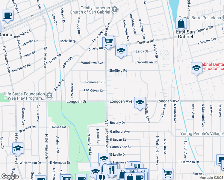 map of restaurants, bars, coffee shops, grocery stores, and more near 6377 North Provence Road in San Gabriel