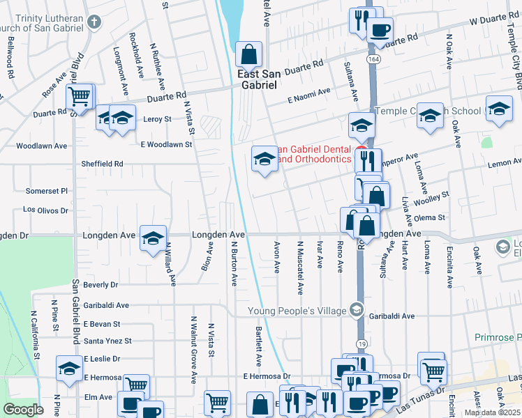 map of restaurants, bars, coffee shops, grocery stores, and more near 6330 Lemon Avenue in San Gabriel