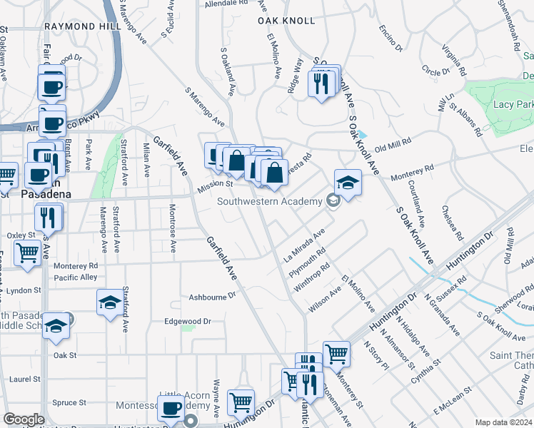 map of restaurants, bars, coffee shops, grocery stores, and more near 1870 South Los Robles Avenue in San Marino