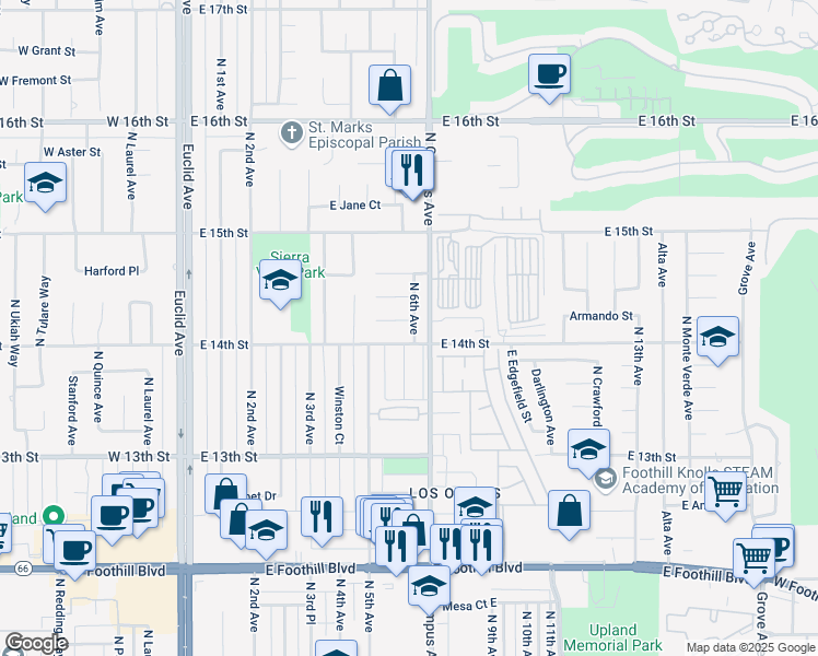 map of restaurants, bars, coffee shops, grocery stores, and more near 652 Helena Court in Upland