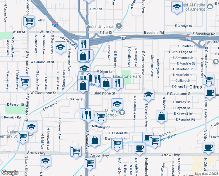 map of restaurants, bars, coffee shops, grocery stores, and more near 327 East Gladstone Street in Azusa
