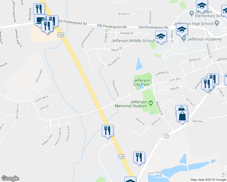 map of restaurants, bars, coffee shops, grocery stores, and more near 75 Ashebrooke Way in Jefferson