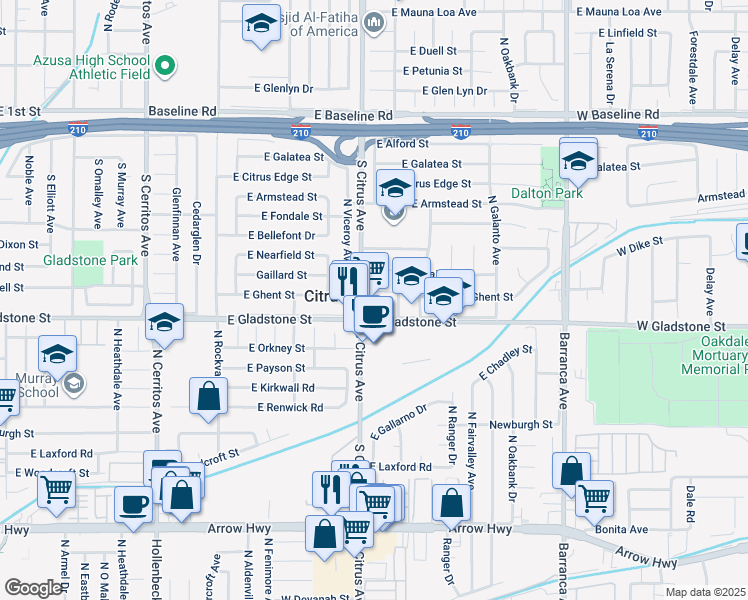 map of restaurants, bars, coffee shops, grocery stores, and more near 915 East Gladstone Street in Azusa