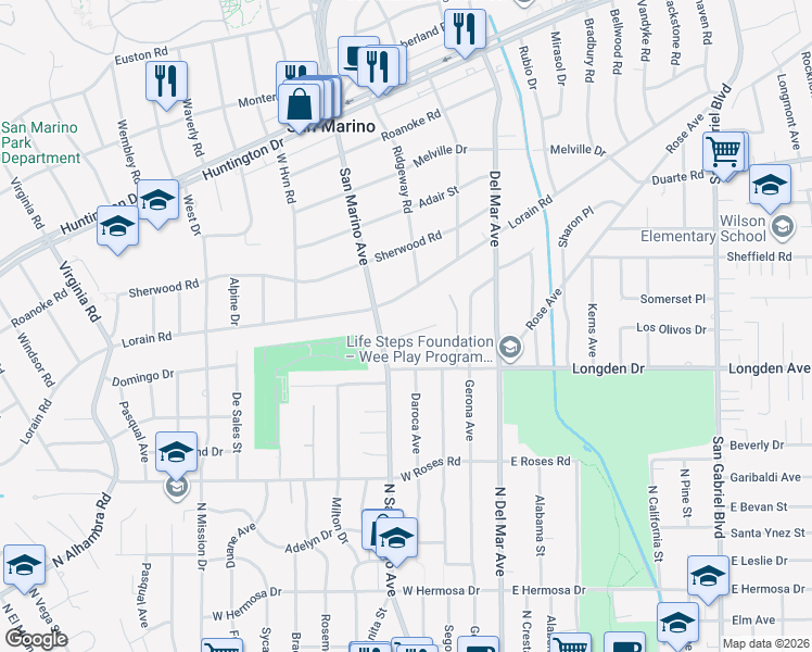 map of restaurants, bars, coffee shops, grocery stores, and more near 2295 Brentford Road in San Marino