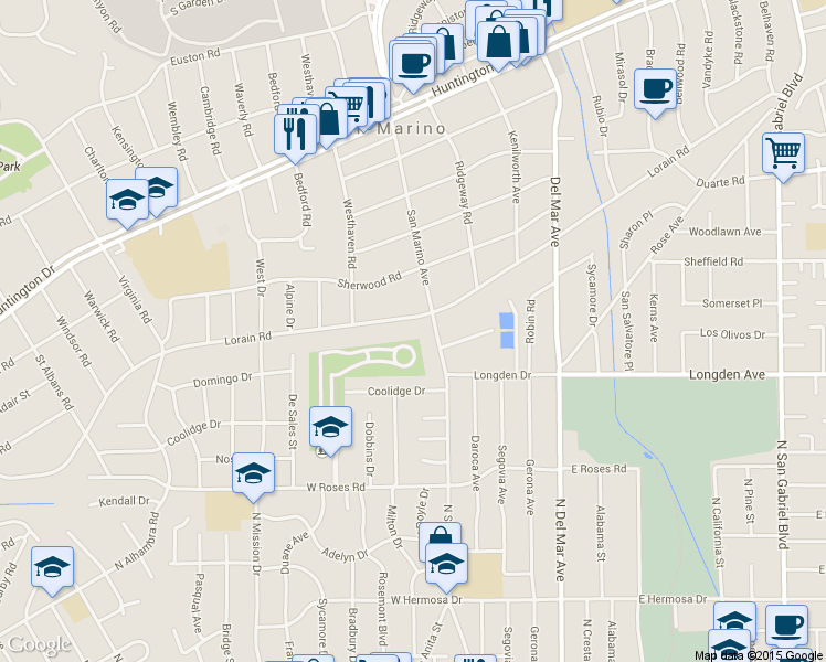 map of restaurants, bars, coffee shops, grocery stores, and more near 2210 Lorain Road in San Marino