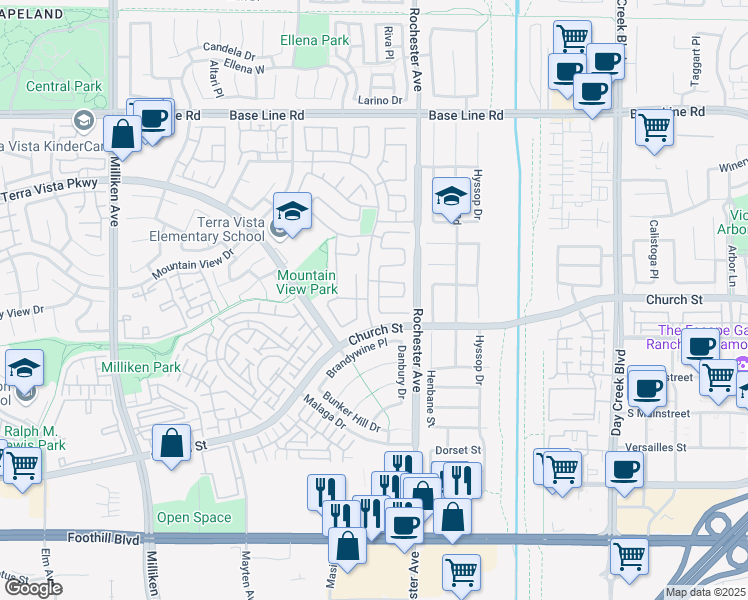 map of restaurants, bars, coffee shops, grocery stores, and more near 7660 Continental Place in Rancho Cucamonga