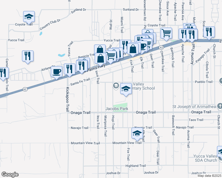 map of restaurants, bars, coffee shops, grocery stores, and more near 7601 Hopi Trail in Yucca Valley