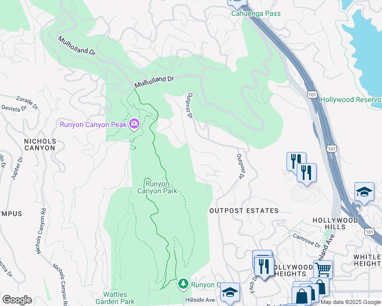map of restaurants, bars, coffee shops, grocery stores, and more near 2535 Carman Crest Drive in Los Angeles