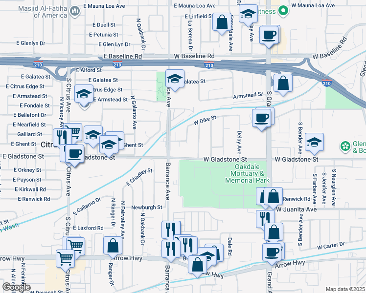 map of restaurants, bars, coffee shops, grocery stores, and more near 780 South Briargate Lane in Glendora