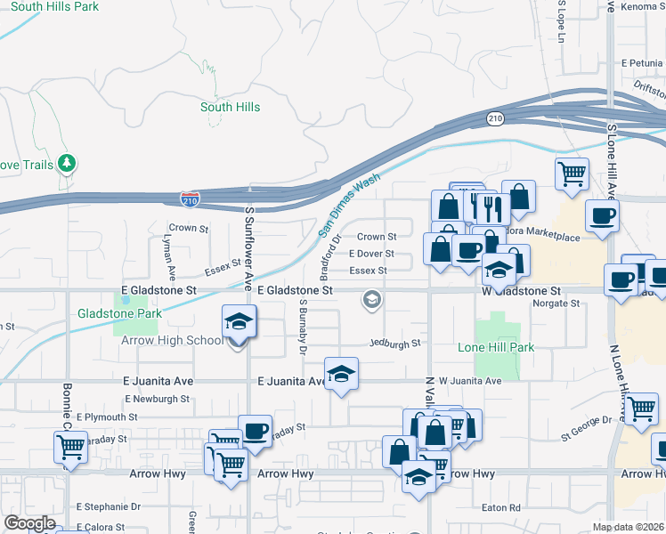 map of restaurants, bars, coffee shops, grocery stores, and more near 1055 Essex Street in Glendora