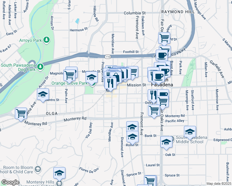 map of restaurants, bars, coffee shops, grocery stores, and more near 1000 El Centro Street in South Pasadena