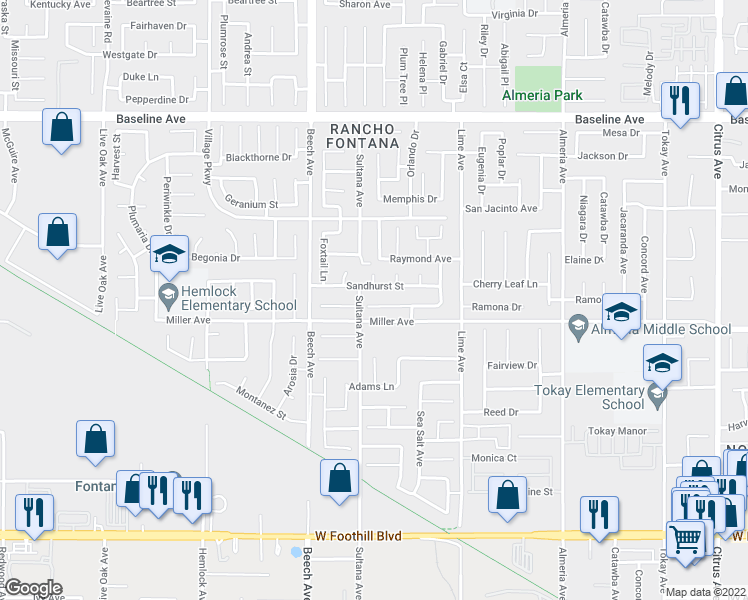 map of restaurants, bars, coffee shops, grocery stores, and more near 15424 Ramona Avenue in Fontana
