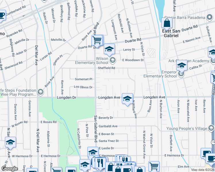 map of restaurants, bars, coffee shops, grocery stores, and more near 6335 North Charlotte Avenue in San Gabriel
