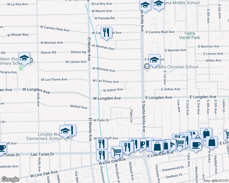 map of restaurants, bars, coffee shops, grocery stores, and more near 105 West Longden Avenue in Arcadia