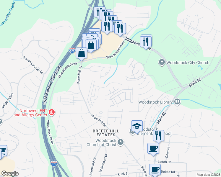 map of restaurants, bars, coffee shops, grocery stores, and more near 1214 Charleston Court in Woodstock