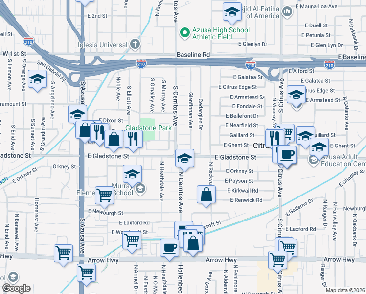 map of restaurants, bars, coffee shops, grocery stores, and more near 18018 East Ghent Street in Azusa