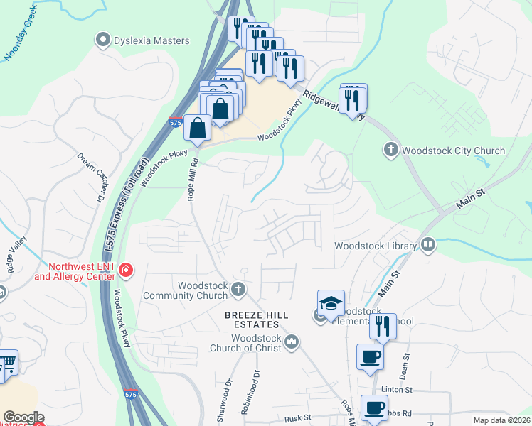 map of restaurants, bars, coffee shops, grocery stores, and more near 1102 Cotton Gin Drive in Woodstock