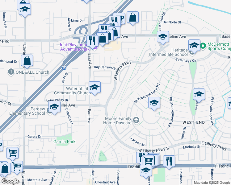 map of restaurants, bars, coffee shops, grocery stores, and more near 7662 Bear Creek Drive in Fontana