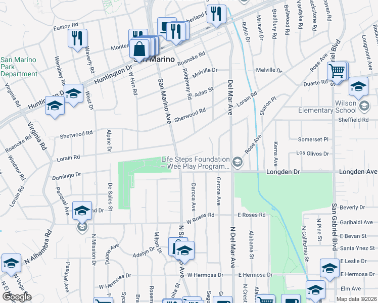 map of restaurants, bars, coffee shops, grocery stores, and more near 2295 Brentford Road in San Marino