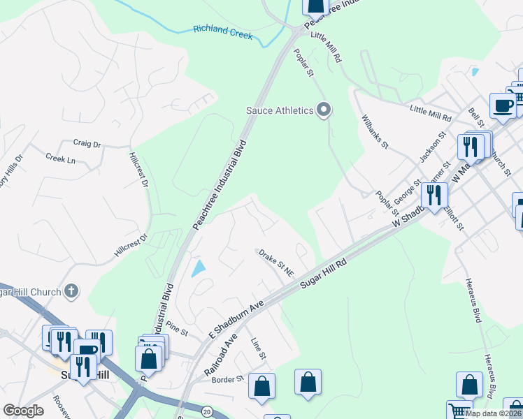 map of restaurants, bars, coffee shops, grocery stores, and more near 5010 Glencliff Drive in Sugar Hill